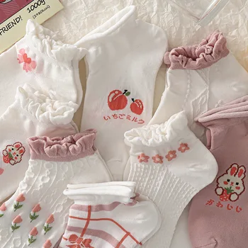 Новые белые розовые женские короткие носки с милым мультяшным кроликом и цветком в ромбовидную полоску, кружевные дышащие носки-лодочки для девочек
