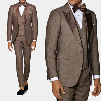 Новые мужские костюмы, сшитые на заказ, 3 предмета, блейзер, жилет, брюки на одной пуговице, деловой атласный отворот, свадебный костюм жениха, сшитый на заказ, плюс размер
