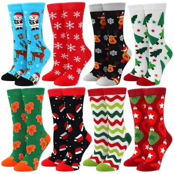 Новые рождественские женские носки Санта-Клауса, носки Elk Tide, хлопковые носки с рождественской елкой, веселые подарочные носки