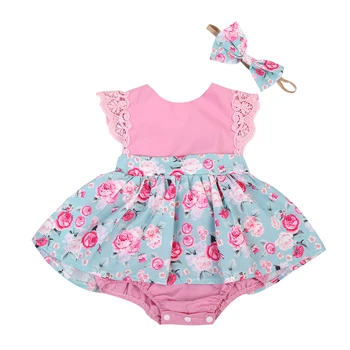 Новый милый детский комбинезон для маленьких девочек, Летняя одежда, детское платье принцессы с цветочным рисунком, кружевной комбинезон с цветочным рисунком, летящий рукав, повязка на голову