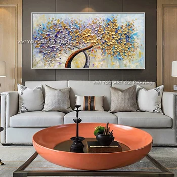 Новый современный холст 100% ручной работы на масляной живописи мастихином Картины с цветами Золотого дерева Домашний декор гостиной Настенное искусство