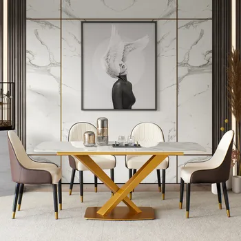 Обеденный стол из спеченного камня, белый цвет Carrara, современный обеденный стол с цельным золотым основанием Carbon Stell 63 