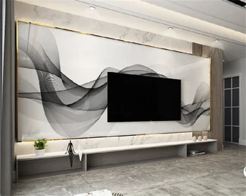 Обои на заказ, современный минималистичный черно-белый дымчатый мрамор, подвесной телевизор в гостиной, настенная декоративная роспись