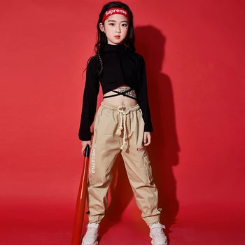 Одежда для танцев в стиле хип-хоп для девочек и мальчиков, детские черные укороченные топы, футболка или брюки-карго с эластичной резинкой на талии, детская спортивная повседневная одежда