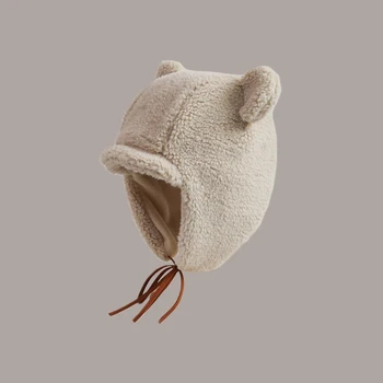 Осенне-зимняя ветрозащитная теплая шапка Женская шапка с медвежьими ушками, плюшевая шапка-бомбер, милый утолщенный ремешок для шляпы для защиты ушей