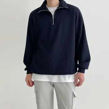 Осенний свитер с отворотом, модный мужской однотонный плиссированный Свободный повседневный пуловер на молнии с длинными рукавами, свитера, мужские топы, мужская одежда