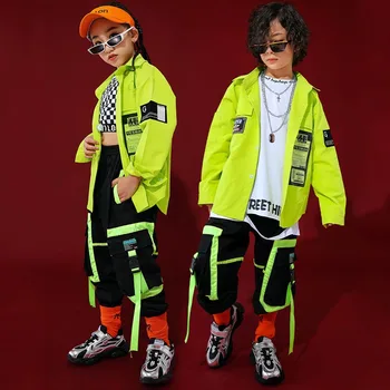 Осенняя одежда для танцев в стиле хип-хоп, детские зеленые топы, брюки в стиле хип-хоп для мальчиков, Новая одежда для джазовых танцев для девочек, костюм для бальных выступлений BI208