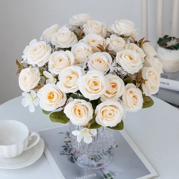 Осенняя роза из искусственного цветка с 6 головками для свадебного букета невесты, декоративный цветочный горшок для гостиной, украшение Рождественской вечеринки