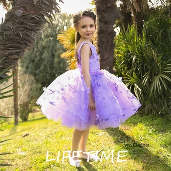 Очаровательные фиолетовые платья для девочек-цветочниц с аппликацией из тюля длиной до колен без рукавов для детей 2023 года, платья для свадебных вечеринок в стиле 