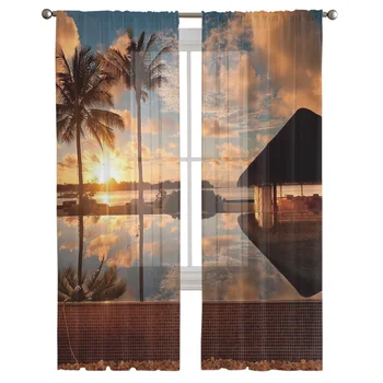 Пейзаж с водной гладью кокосовой пальмы, прозрачные занавески для гостиной, Современная вуалевая занавеска, Тюлевые занавески для спальни, Оконные шторы