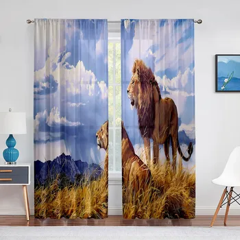 Пейзажная картина с парой львов Облака Дикая природа Прозрачные шторы для гостиной Спальни Декор кухни Вуали на окнах Тюлевые занавески