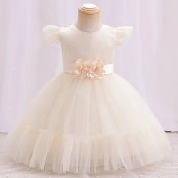 Платье принцессы с развевающимися рукавами и цветочным принтом для маленьких девочек, праздничное тюлевое платье на Первый день рождения для новорожденных девочек, выпускные вечера