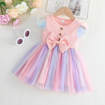 Платье принцессы трапециевидной формы с расклешенными рукавами для маленьких девочек, летнее радужное сетчатое платье с бантом, детская пляжная одежда для вечеринок, нарядная одежда