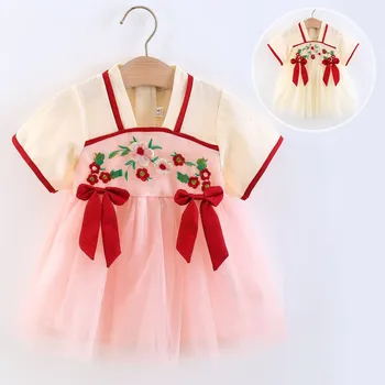 Платья Hanfu для маленьких девочек 0-3 лет, наряды в китайском традиционном стиле, платья принцессы с бантом, кружевное платье из тюля с коротким рукавом