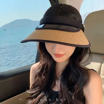 Плетеная шляпа Женская летняя модная уличная солнцезащитная шляпа Солнцезащитная шляпа с большим карнизом, соломенная шляпа с пустым верхом, пляжная шляпа