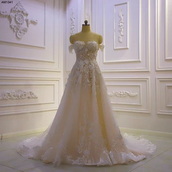 Пляжное свадебное платье AM1341 трапециевидной формы цвета шампанского с открытыми плечами