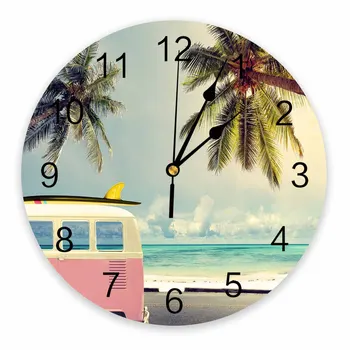 Пляжный автобус, Декоративные Круглые настенные часы из кокосовой пальмы, дизайн с арабскими цифрами, Не Тикающие Настенные часы, Большие Для спален, ванных комнат