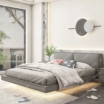 Подвесная кровать, кожаная кровать, легкая роскошь, современный минимализм, простая домашняя мебель, каркас двуспальной кровати, небольшая квартира