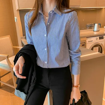 Профессиональная однобортная блузка в полоску с принтом для офиса, женская однобортная блузка с длинным рукавом и отложным воротником, Корейская универсальная шикарная туника, рубашка