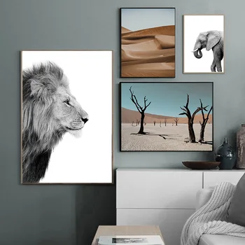 Пустынный пейзаж, Слон, Лев, Минималистичная декоративная картина на холсте, Современная домашняя гостиная, декоративная безрамная