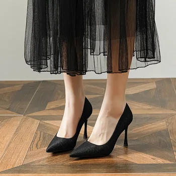 Размер 30-44, Женские туфли-лодочки на высоком каблуке-шпильке с острым носиком, сексуальные черные туфли на каблуках