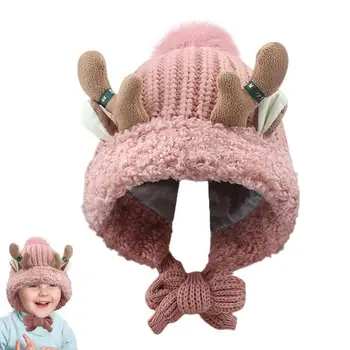 Рождественская шапка лося, милая шапка с оленьими рогами, зима-осень, теплая плюшевая вязаная шапочка-утеплитель для ушей, рождественские шапочки-бини