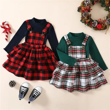 Рождественские комплекты одежды для маленьких девочек, осенне-зимняя одежда для маленьких детей, костюмы, теплый однотонный свитер, клетчатое платье на подтяжках