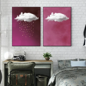 Розовый и золотой Принт Дождевых облаков Абстрактный Художественный плакат Печать на холсте Минималистичный Декор стен в гостиной, столовой