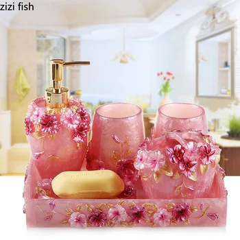 Розовый набор для ванной комнаты с цветочной текстурой, Дозатор мыла, держатель зубной щетки, чашка, Мыльница, Поднос для хранения мыла в скандинавском стиле