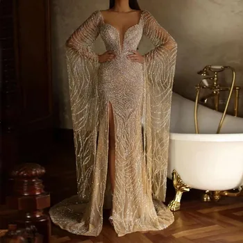 Роскошное вечернее платье с длинными рукавами, расшитое бисером и пайетками, женские вечерние платья в арабском стиле из Дубая для официальных мероприятий.