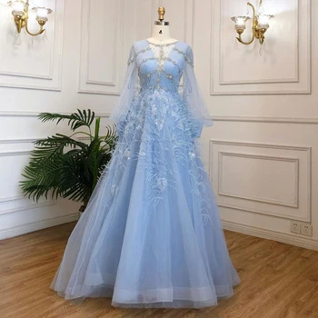 Роскошные вечерние платья Serene Hill Blue трапециевидной формы, длинные платья из бисера и перьев 2023 года для женщин, вечерние LA71495