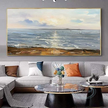 Ручная роспись маслом с морским пейзажем, Современная светлая гостиная с роскошным видом на море, Подвесная картина, Плакат для украшения стен дивана