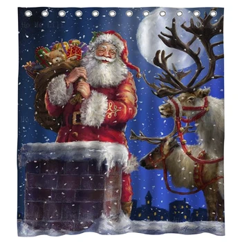 С Рождеством, Белая гора, Санта-Клаус везет подарки, сани с оленями, занавеска для душа от Ho Me Lili для декора ванной комнаты