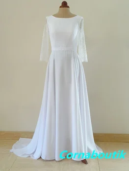 Свадебное платье трапециевидной формы BD-023, кружевные рукава, пояс, Высокий вырез, V-образные пуговицы сзади, свадебные платья Vestido De Noiva Robe De Mariee
