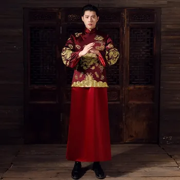 свадебные мужские костюмы для тостов в китайском стиле, Платье с красной вышивкой, Вечернее Длинное платье жениха, кимоно, куртка жениха, костюм тан, Одежда