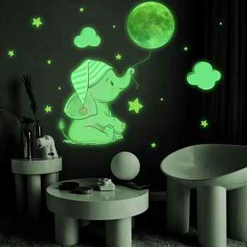 Светящаяся наклейка на стену в виде слоненка и Луны для детской комнаты, украшения дома в спальне, светящиеся в темноте комбинированные наклейки