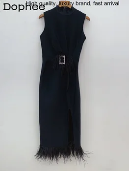 Сексуальный жилет без рукавов со стоячим воротником, плиссированный, с высокой талией, приталенный, женское весенне-осеннее Элегантное Черное длинное платье с разрезом из перьев и кисточек