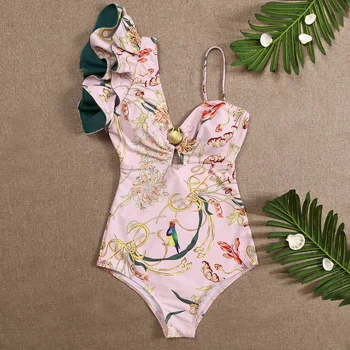 Сексуальный цельный купальник с рюшами на одно плечо, купальники с цветочным принтом, женский купальник, купальный костюм, пляжная одежда, Монокини