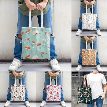 Серия сумок-тоут с грибным рисунком, эстетичная сумка для покупок, экосумка через плечо, многоразовая пляжная сумка для покупок