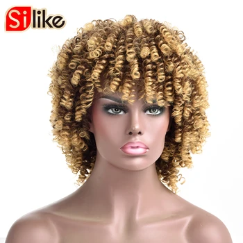 Силиконовый короткий парик с упругими завитками, афро-кудрявый Кудрявый парик, синтетический Короткий парик с челкой, смешанный коричнево-блондинистый парик для чернокожих женщин