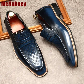 синие деловые туфли с квадратным носком, строгие кожаные лоферы с резьбой, модная кожаная обувь с тиснением для мужчин, обувь ярких цветов