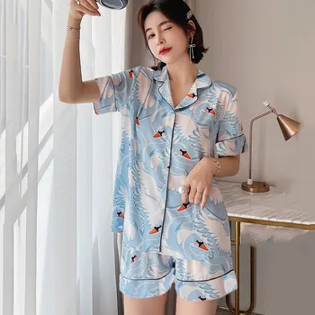 Синий пижамный костюм из искусственного шелка из 2 предметов, женская летняя новая свободная пижама, шорты с милым принтом и коротким рукавом, пижама, повседневная домашняя одежда