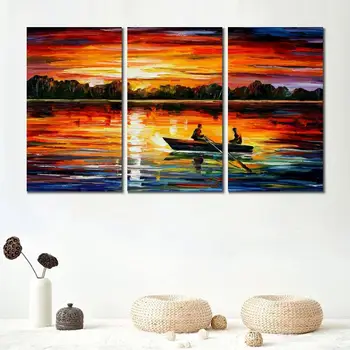 Современная картина маслом с изображением заката из трех частей, холст ручной работы для декора стен гостиной, лодка, современная красивая 24X48 дюймов