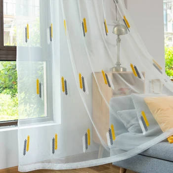 Современная скандинавская тюлевая занавеска с желто-серой пшеничной вышивкой для гостиной, спальни, детской, Белая прозрачная вуаль для кухонных штор