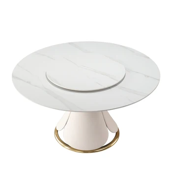 Современный обеденный стол из спеченного камня 59,05 дюйма с круглым поворотным столом 31,5 дюйма на 8 персон с изысканной подставкой из дерева и металла
