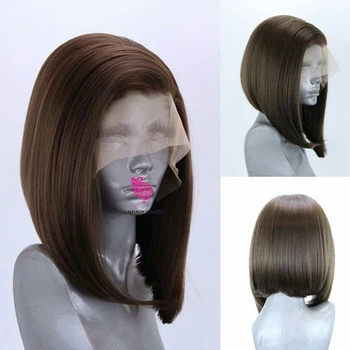 Темно-коричневый парик с коротким каре, синтетические парики с кружевом спереди, прямые прозрачные парики с кружевом спереди, Термостойкое волокно для женщин