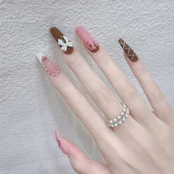 Типсы для ногтей в виде Гроба 24шт. Милые Накладные Ногти с 3D Бантом, Дизайн Длинных Накладных Ногтей для Женщин и Девочек, Набор Для ногтей, Бесплатная Доставка
