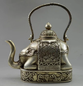 Украшенный Латунью Старинной ручной Работы Тибетский Серебряный чайник с цветочным рисунком в виде слона, доставка, инструменты, свадебные Украшения Латунь