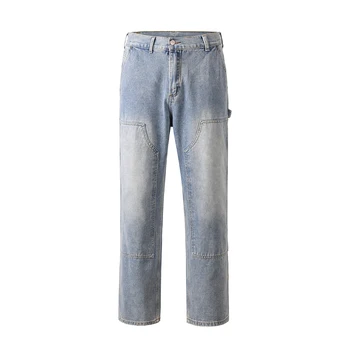 Уличная одежда Harajuku, пояса Y2K, Прямые застиранные мужские джинсы, карманы, Винтажные мешковатые повседневные вещи