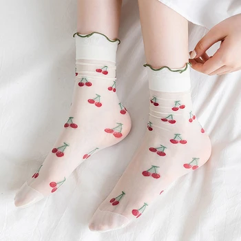 Ультратонкие кружевные Носки в японском стиле Летние Прозрачные носки-трубки Женские Повседневные носки с цветочным принтом Сладкой клубники